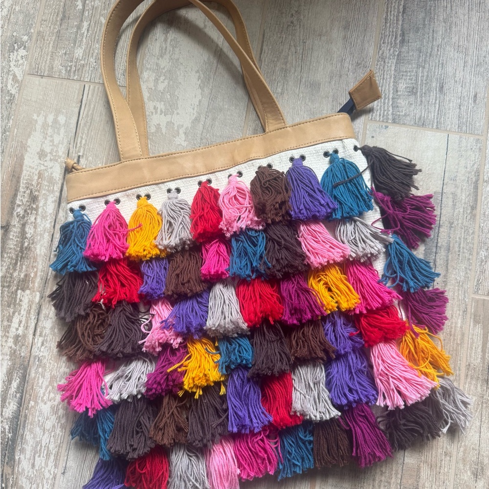 Noonday Collection Tan and Red Tassel Tote Bag
